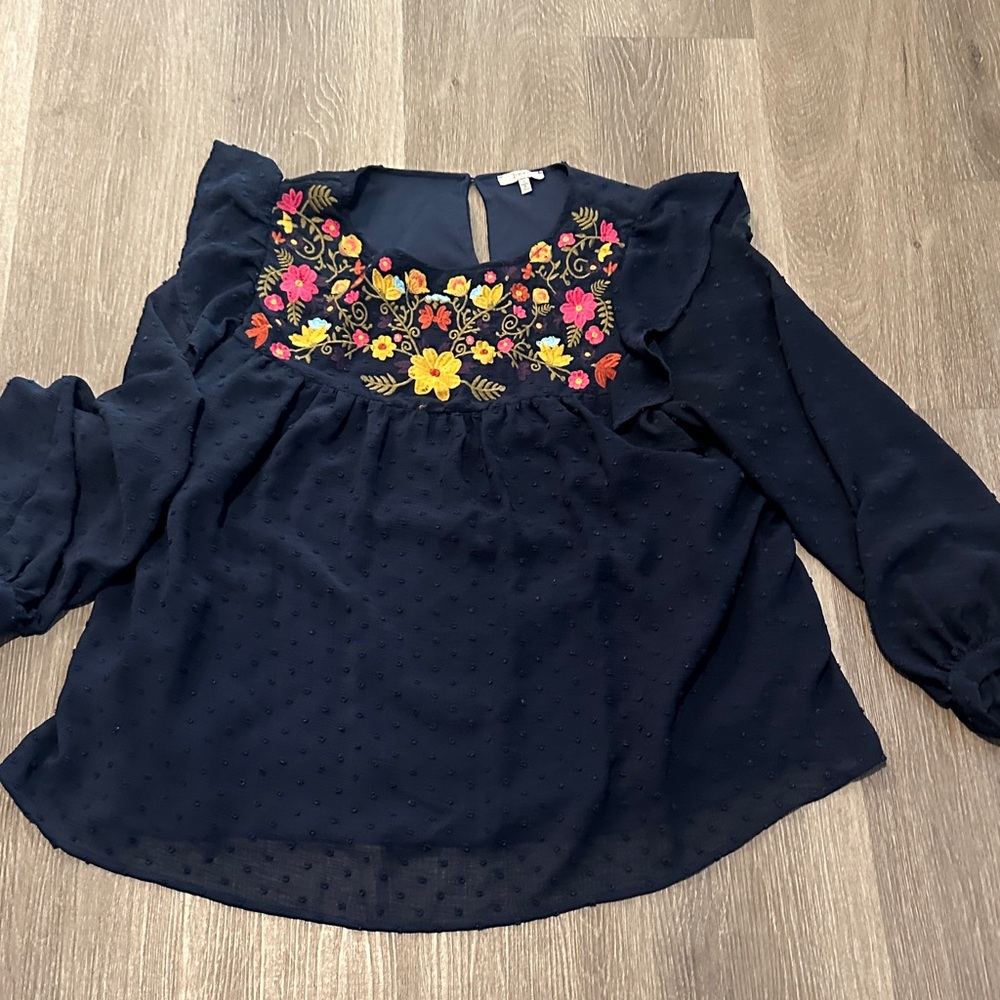 L Floral Embroidered Navy Women's Top
